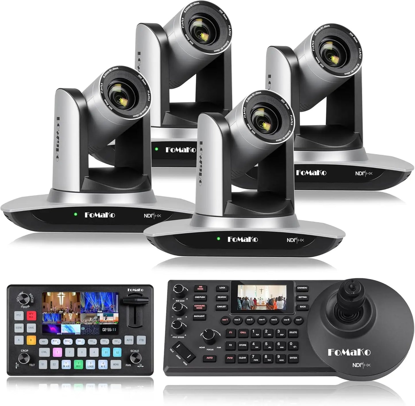 FoMaKo NDI Camera AI Auto Tracking HDMI PTZ Camera 20x Optical Zoom(4pcs) +KC601 Video Mixer Switcher+ KC608N NDI PTZ Controller