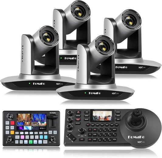 FoMaKo NDI Camera AI Auto Tracking HDMI PTZ Camera 20x Optical Zoom(4pcs) +KC601 Video Mixer Switcher+ KC608N NDI PTZ Controller