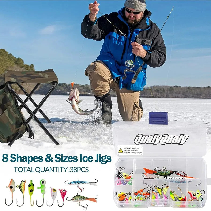 Complete Ice Fishing Kit with Reel Combo Backpack Seat Ice Cleats Jigs Line for Winter Fishing Adventures on Frozen Lakes and R