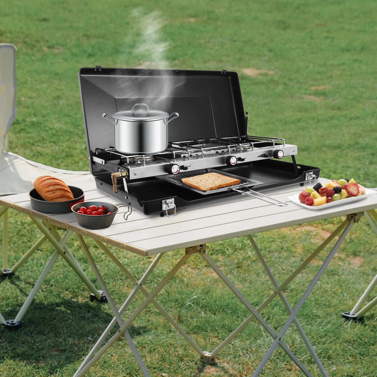 Three Burner Portable Camping Stove Foldable Tabletop Grill