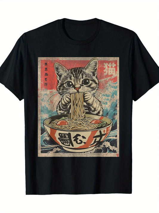 Kawaii Cat Ramen Anime T Shirt For Men Regular Fit Crew Neck
