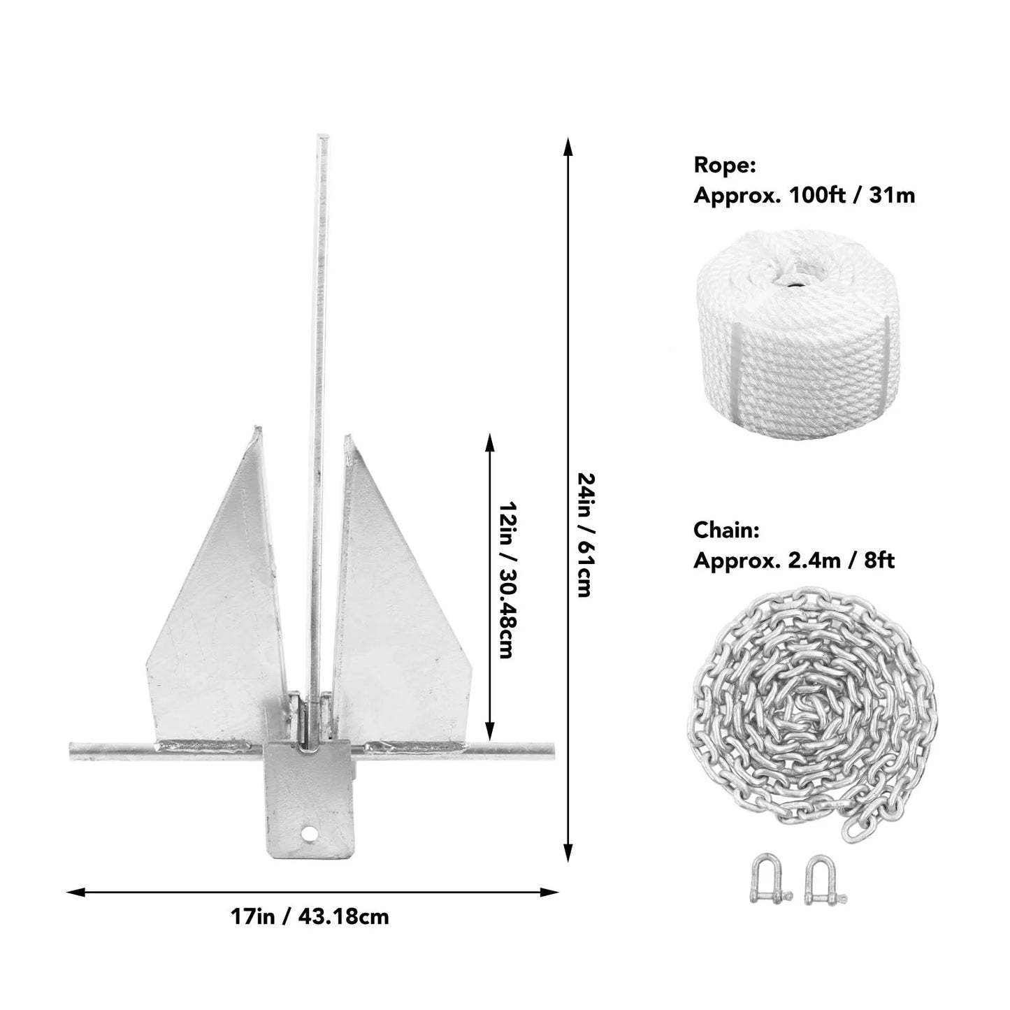 Anchor Kit 13lb Carbon Steel Fluke Boat Nylon Rope Chain