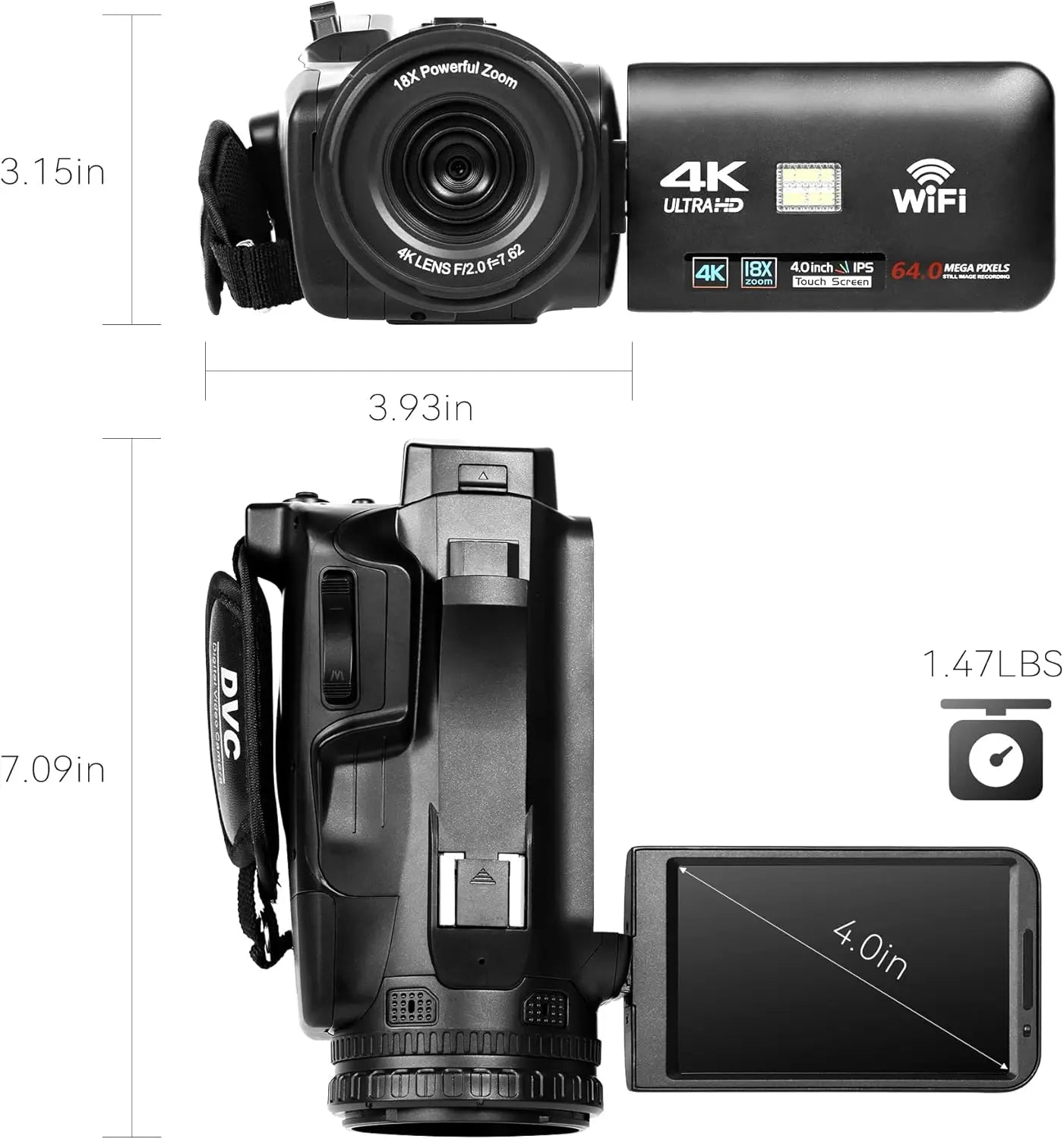 UHD 4K Camcorder With 18X Zoom And 64MP Cam Rotating Screen