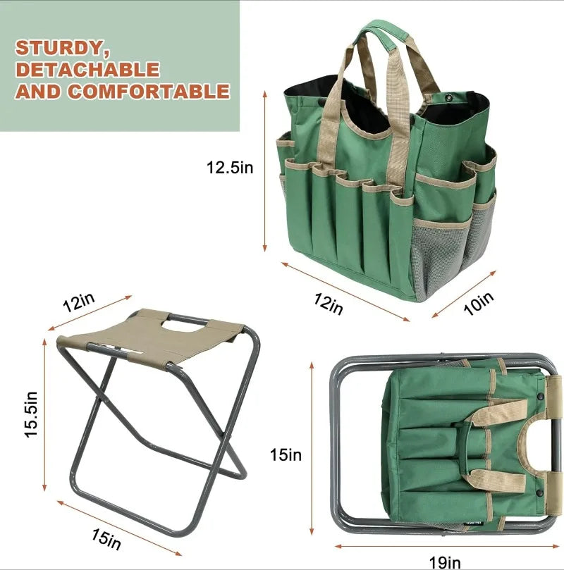 Folding Gardening Stool With Detachable Tote And Tools