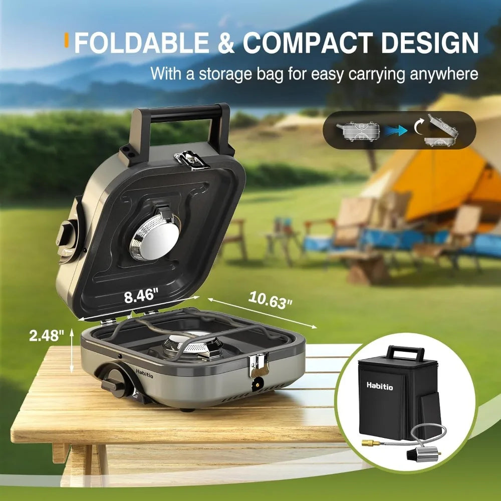 Foldable 2-burner camping stove, portable propane camping stove, adjustable burner and piezoelectric ignition for camping