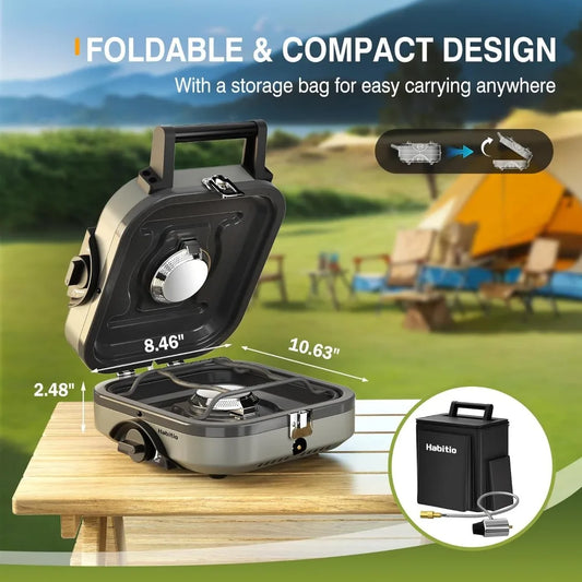 Foldable 2-burner camping stove, portable propane camping stove, adjustable burner and piezoelectric ignition for camping