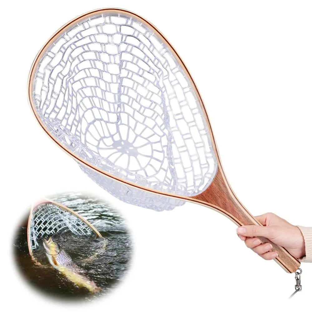 Fly Fishing Landing Net Wooden Handle And Clear Rubber Mesh