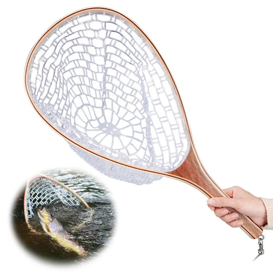 Fly Fishing Landing Net Wooden Handle And Clear Rubber Mesh