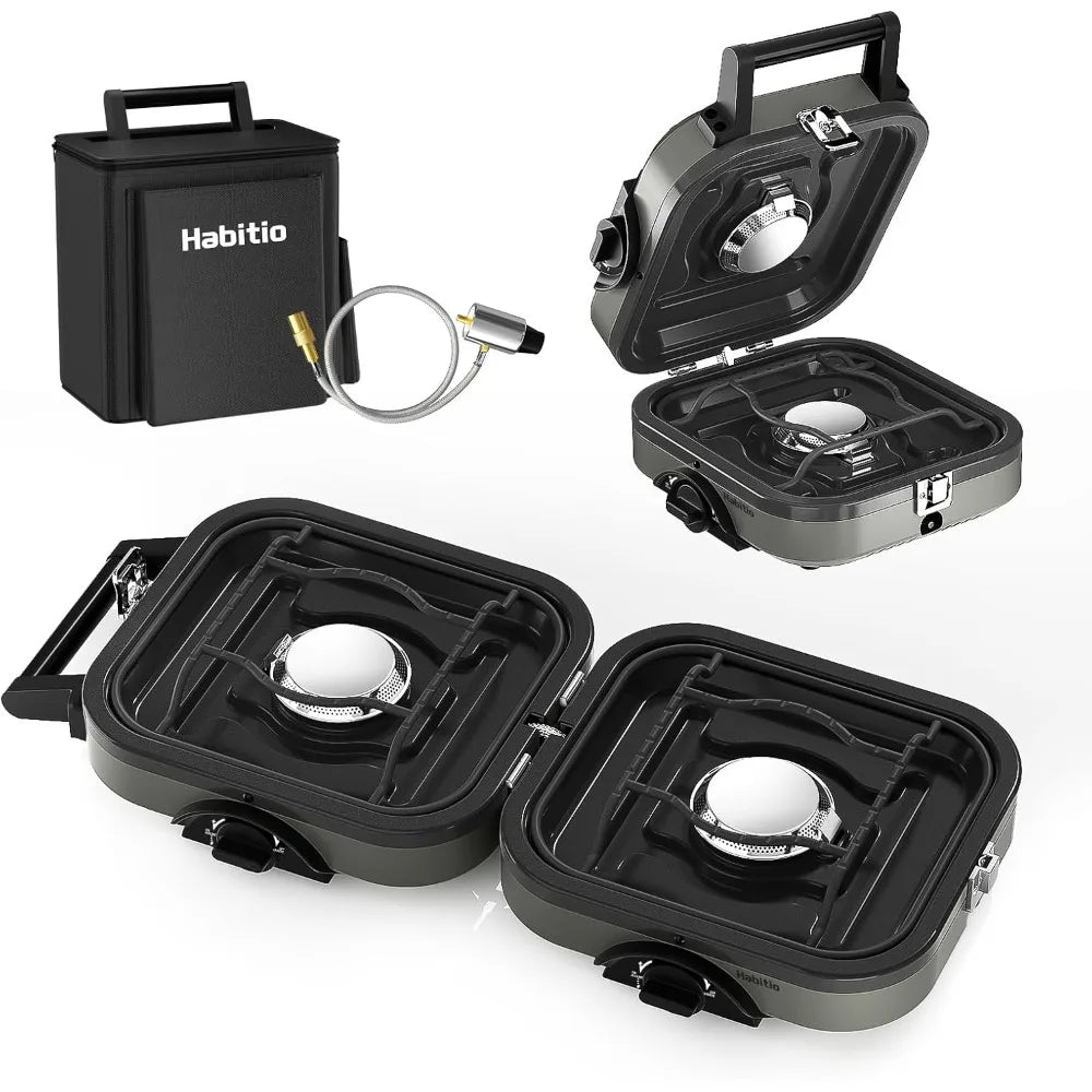 Foldable 2-burner camping stove, portable propane camping stove, adjustable burner and piezoelectric ignition for camping