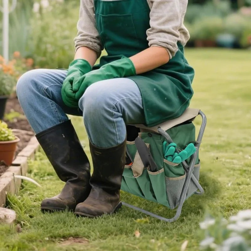 Folding Gardening Stool With Detachable Tote And Tools