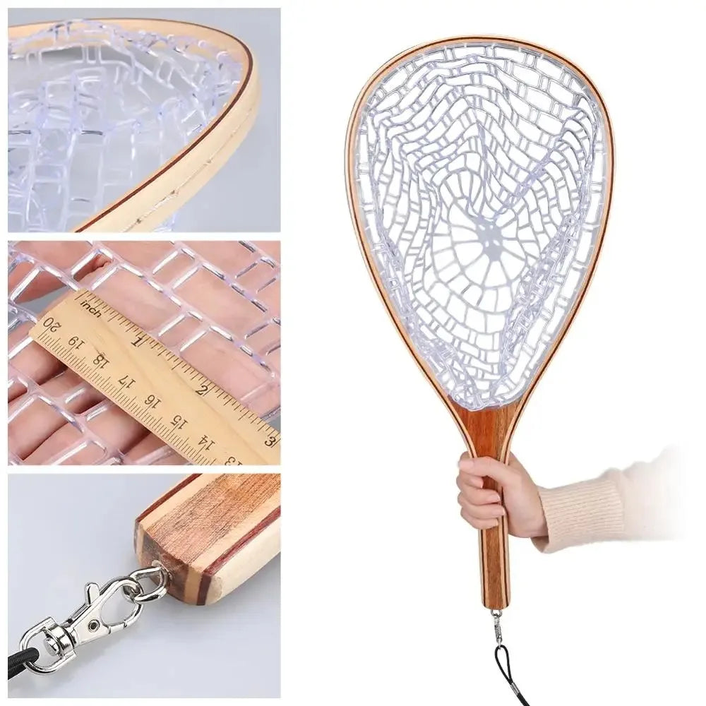 Fly Fishing Landing Net Wooden Handle And Clear Rubber Mesh