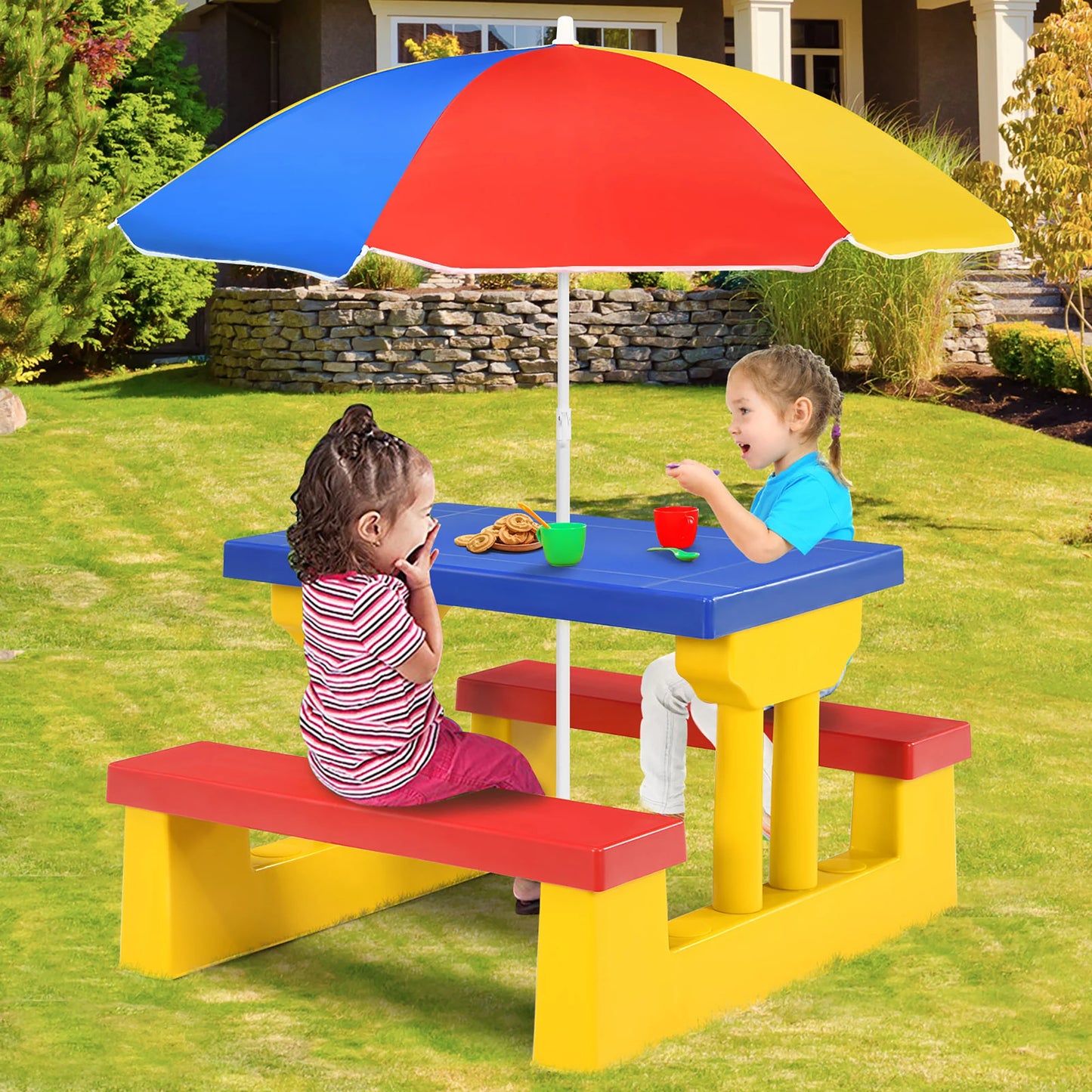 Kids Picnic Table Set With Removable Umbrella Outdoor