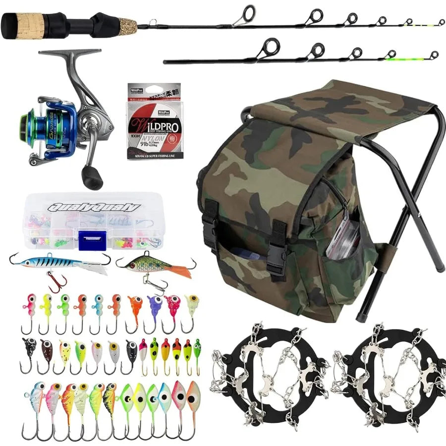 Complete Ice Fishing Kit with Reel Combo Backpack Seat Ice Cleats Jigs Line for Winter Fishing Adventures on Frozen Lakes and R